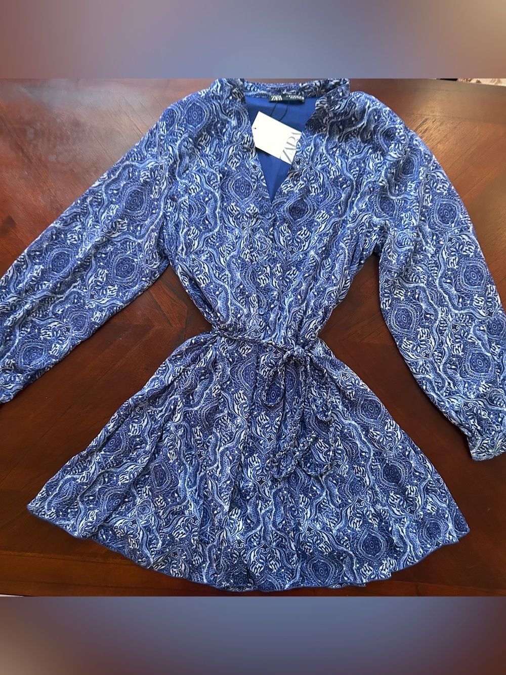 New Zara Blue Paisley V‑Neck Long‑Sleeve Mini Dress size M - Picture 2 of 10